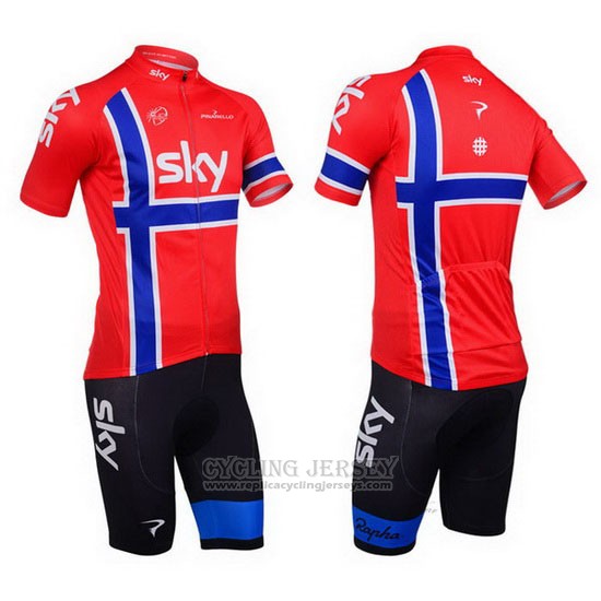 2013 Cycling Jersey Sky Champion Norway Blue and Red Short Sleeve and Bib Short